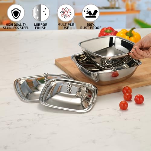 Image of Sumeet Stainless Steel Square Serving Bowl /Curry Bowl /Gravy Pot with lid, 600ml & 900ml capacity, 14.5cm & 17cm Dia, Set of 2 Pcs, Silver