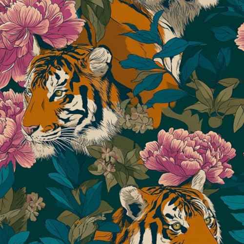 壁紙 60cm x 300cm 剥がせる 虎と芍薬の花模様ジャングル、ダークティール背景 多機能 防水/汚れ防止/防油 食器棚 クロ 玄関 ふすま紙 家具 部屋 DIY 賃貸OK
