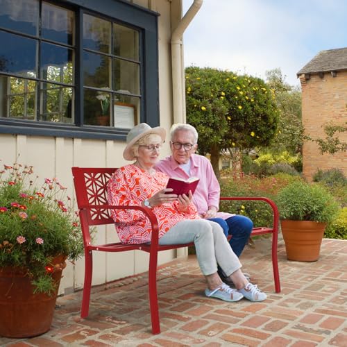 Image of VINGLI 50 inch Outdoor Bench Metal with Floral Back, Garden Bench Front Porch Bench for Yard Patio Entryway Park Outside, 800lb Capacity - Red