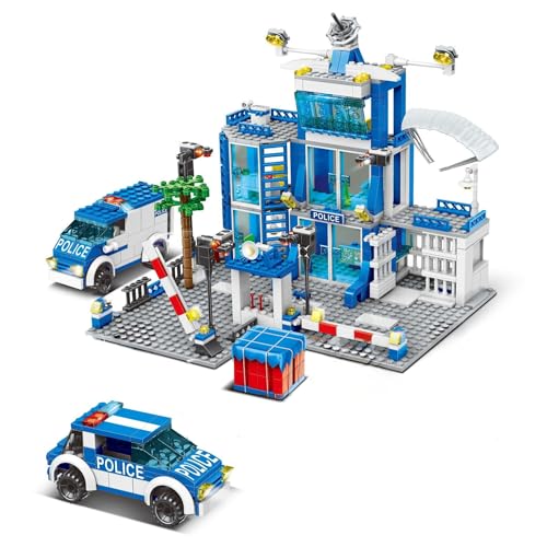 JUCYJULY City Police Station Building Set with 2 Emergency Vehicles - Detailed Brick Construction Toy with Multi-Level Headquarters Barriers Searchlights Parachute & Tree (6008)