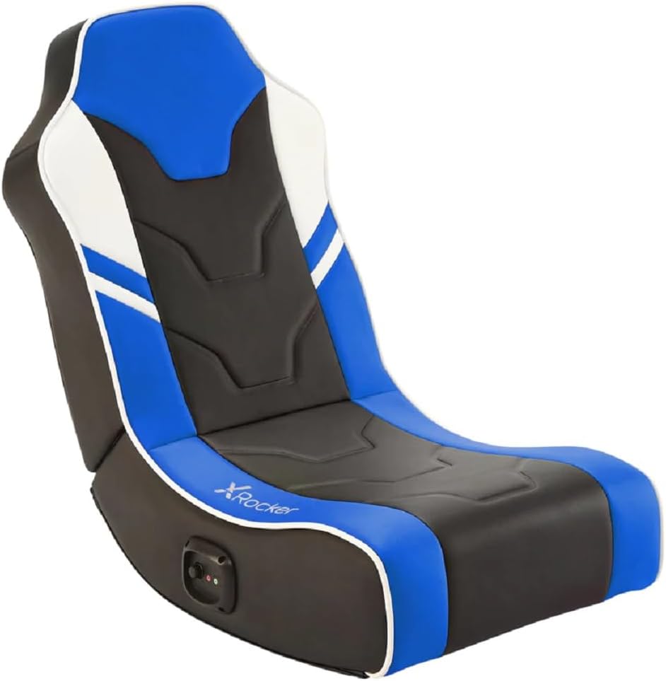 X-Rocker Shadow Gaming Chair for Kids and Juniors, 2.0 Audio Floor Rocker, Low Folding Rocking Seat with 2 Stereo Sound Speakers, Padded Foam Gaming Seat for Children for XBOX, PS4 PS5 Switch – BLUE