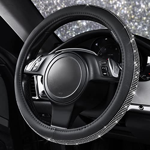 Image of CAR PASS Diamond Black Leather Steering Wheel Cover, with Bling Crystal Rhinestones Universal Fit 14 inch 1 /2-15 inch Crystal Glitter for Women Sparkle Girl Fit Suvs,Vans,Sedans,Cars,Trucks, White Diamond
