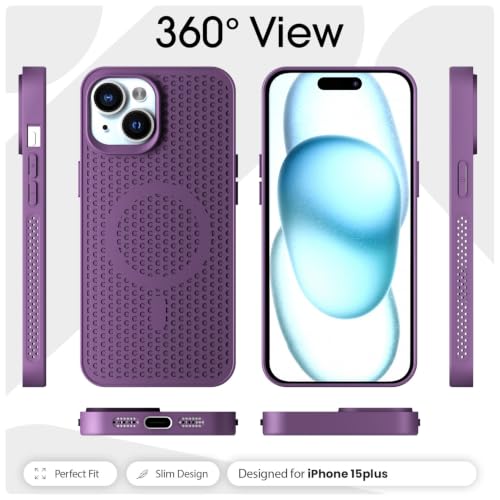 Image of Outlouders Back Cover for iPhone 15 Plus | Honeycomb Cooling Design | Silicone Heat Dissipation | Mag-Safe Compatible | Shockproof Camera Protection Bumper Case (Purple Mag-Safe)