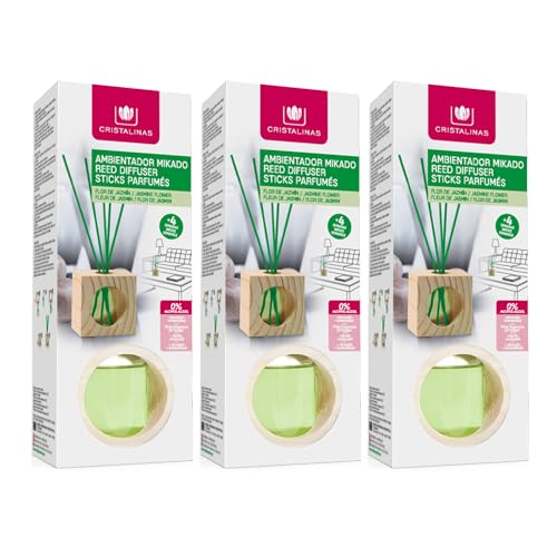 CRISTALINAS | Pack 3 Ambientador Hogar Mikado Cubo de Madera | Aroma Jazmín Verde | 100% Puro | Larga Duración 4 Semanas | 3x30ml | 0% Alcohol