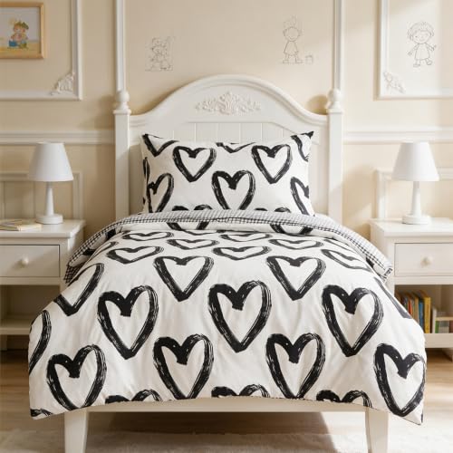 Image of CLOTHKNOW 4Pieces Black and White Toddler Bedding Sets for Boys Girls | Kids Comforter Set, Love Shaped Pattern Bedding Sets, Soft Cute Comforter Sets, All Season