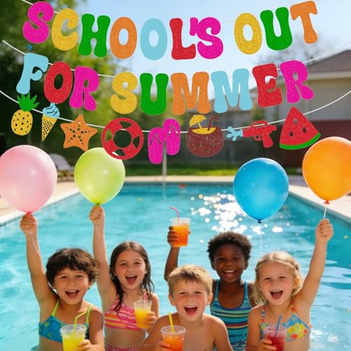 Image of Pre-Strung School's Out for Summer Banner for Boys Girls Celebrate Last Day of School End of Term Holiday Party Decorations Supplies