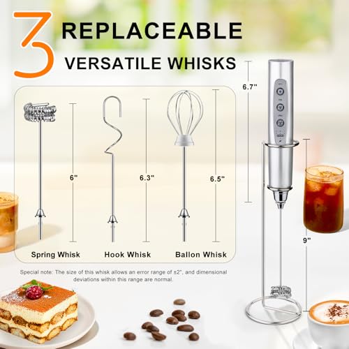 YUSWKO Silver Rechargeable Milk Frother for Coffee with Stand, Handheld Drink Mixer with 3 - image 4