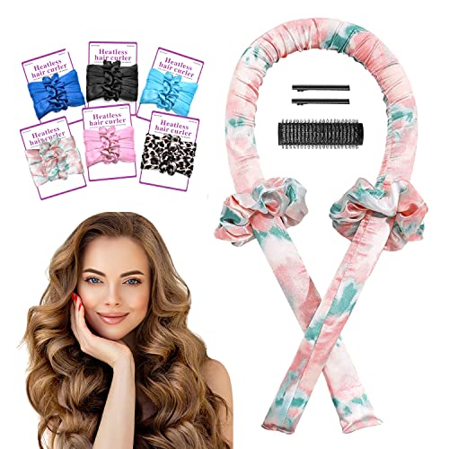 Heatless Curling Rod Headband, Overnight Hair Curlers,No Heat Curl with Hair Clips, Heatless Curls to Sleep in Silk Ribbon Hair Rollers for Long Hair Styling Tools (Tie-dye powder)