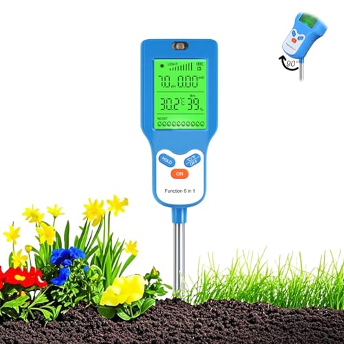 Yeelan Bodenmessgerät 6-in-1 Bodentest Messgerät, Batteriebetrieben Bodentester für Fruchtbarkeit Temperatur Lichtintensität Bodenfeuchte pH und Luftfeuchte, Boden-pH-Meter für Gartenarbeit, Rasen