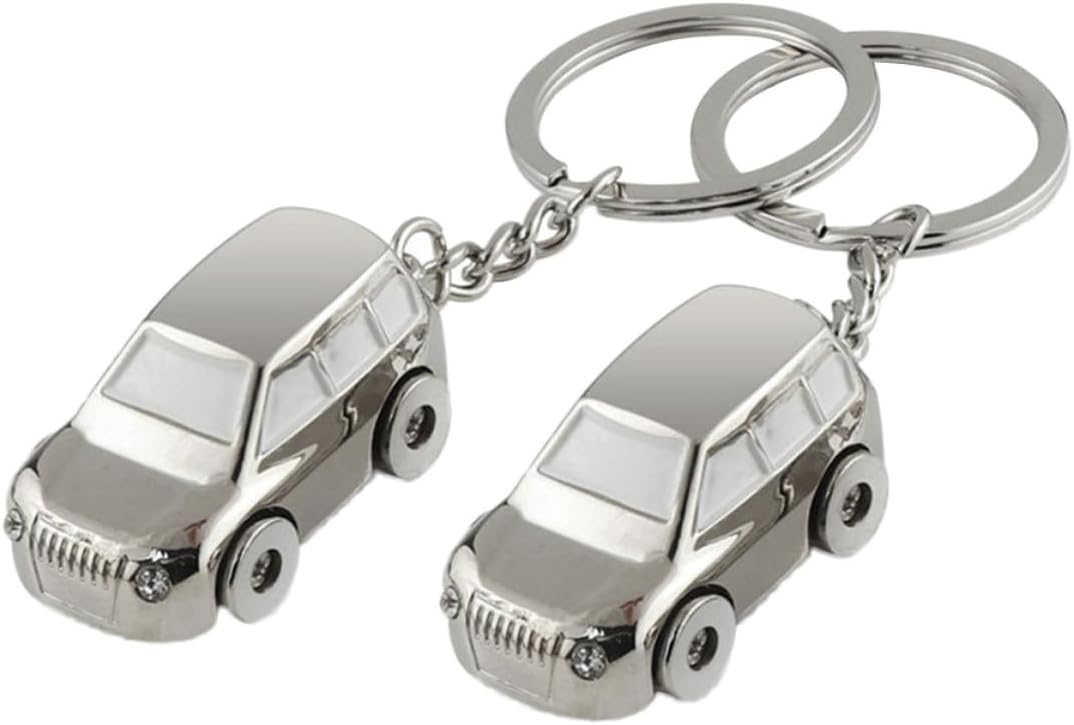 2pcs Mini Suv Car Model Keychain Silver Metal Creative Hanging Pendant