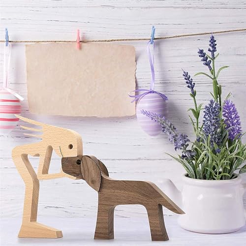 Jognee Handgefertigte Holzstatue, Welpen-Holzschnitz-Ornamente, herzerwärmendes Geschenk für Hundeliebhaber, Bastelfigur, Holz, kleine Dekorationen für Zuhause, Büro, Wohnzimmer (D – Frauen + Hund)