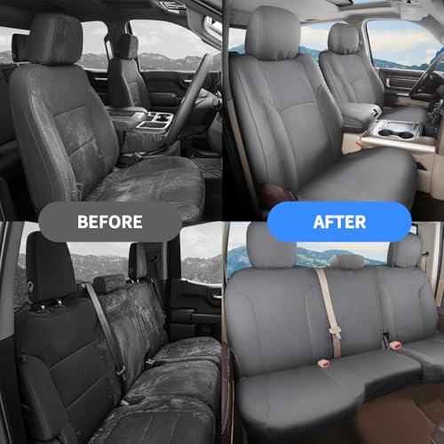 Image of Coverado Chevy Silverado Oxford Seat Covers Full Set, Fit for 2014-2018 1500, 2015-2019 2500HD 3500HD Chevy Silverado GMC Sierra Crew Double Extended Cab (Flat Front&Curved Rear, Gray)