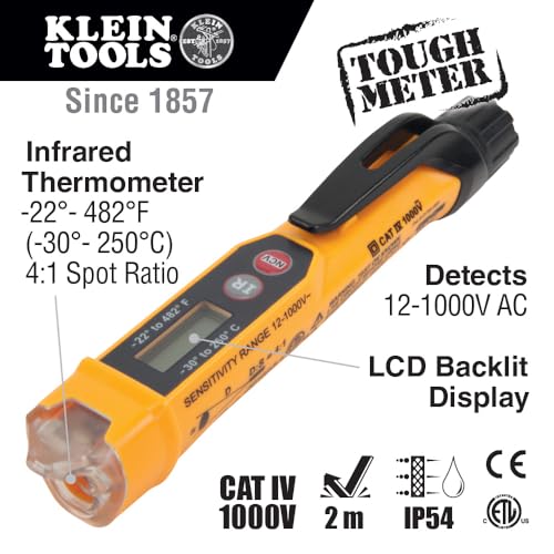 klein tools ncvt-4ir non-contact voltage tester 12 - 1000v ac pen with ir thermometer -22 to 482-degree fahrenheit led and audible alarms pocket clip