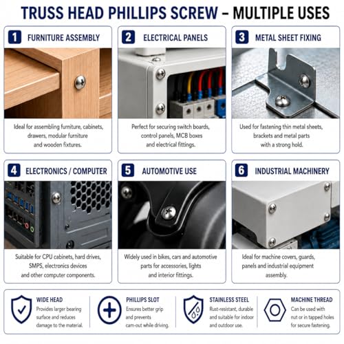 Image of By inchVP INDUSTRIES inch (Pcs-25) M5x12 mm Truss Phillips Head Screw Nickel Plated | Round Head Machine Screw for Modular Furniture, Wooden Work, Electrical Fittings, DIY & Industrial Applications