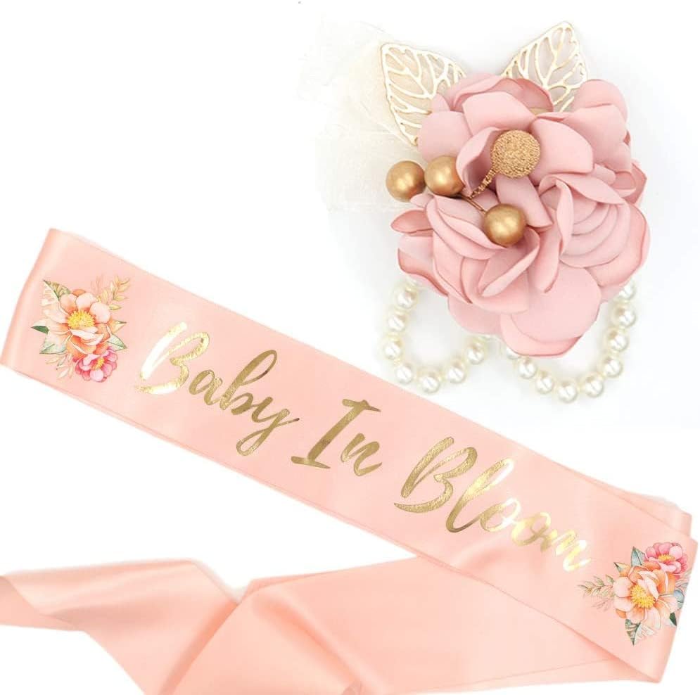 HAPPYLAND Baby in Bloom - Faja de melocotón y ramillete de muñeca  Decoración floral de baby shower para mamá  Elegante accesorio de maternidad con