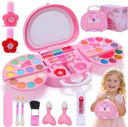 Kinderschminken Set mit Spiegel – Echter waschbarer Schminkkoffer für Mädchen, Spielschminke für Kinder ab 3 Jahren, Prinzessinnen Verkleidungsset als Geschenk zu Weihnachten und G