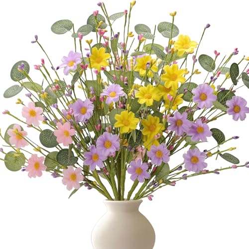 zjlmit Artificial Spring Floral Picks 6 Pack 17 Inch Spring Stems with Eucalyptus Leaves Pink Purple Yellow Daisy Flowers for Vase Arrangements Centerpiece Spring Home Decor