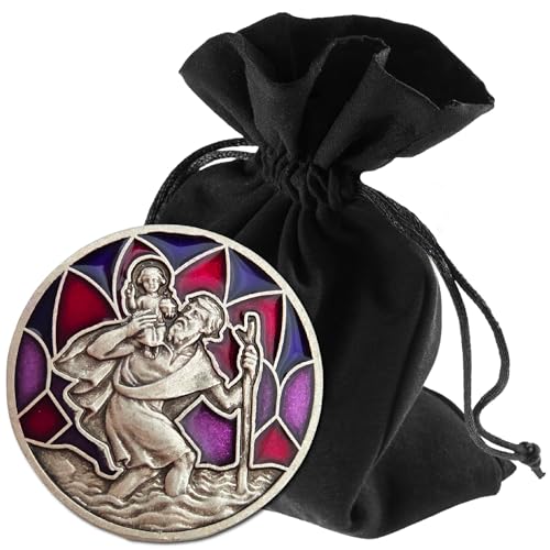 Lunexus Placa de Coche de San Cristóbal Morado - Bendecido con Certificado - Incluye Bolsa de Terciopelo - Imán y Tiras Adhesivas - Amuleto de la Suerte Conductor patrón Viajero - Regalo Cristiano