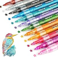 HOTU Glitter Markers Pen, 12 Glitter Colors Paint Pens Sparkly Metallic Shimmer Acrylic Marker Fine Point Tip 0.7mm Water-based Ink for Kids Adults DIY Crafts Greeting Birthday Cards