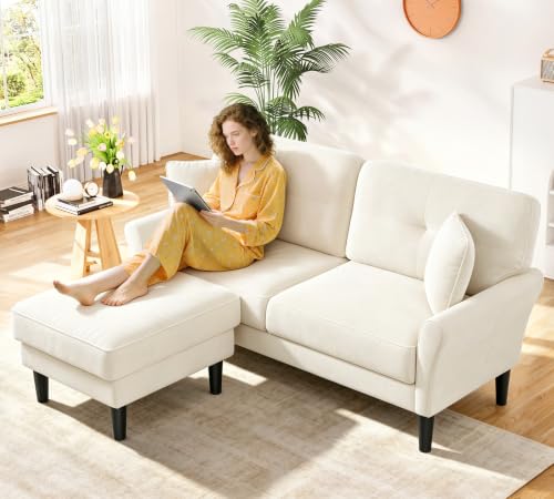 Image of Kidirect Small Sectional Couch, 69 inch L Shaped Couch, Sectional Sofa, White | Comfy Velvet Couch, Tool-Free Setup, 750lb Max Load, Movable Ottoman, Ideal for Living Room, Bedroom, Apartment, Office