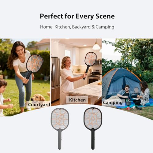 Image of 2-Pack Electric Fly Swatter - Battery Powered Mosquito & Bug Zapper Racket with Safe Mesh & Wall-Mount Design for Indoor and Outdoor Use (Black & Gray)