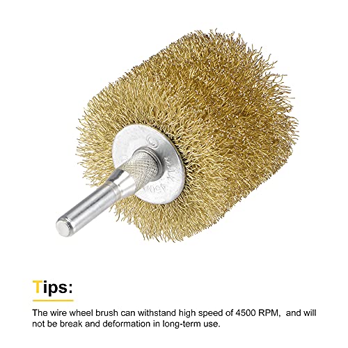 Image of uxcell Wire Wheel Brush, 2 inch x 1.73 inch Stainless Steel Brass Plated Coarse Crimped Wire 0.012 inch with 1 /4 inch (6mm) Round Shank for Cleaning Rust Stripping Abrasive