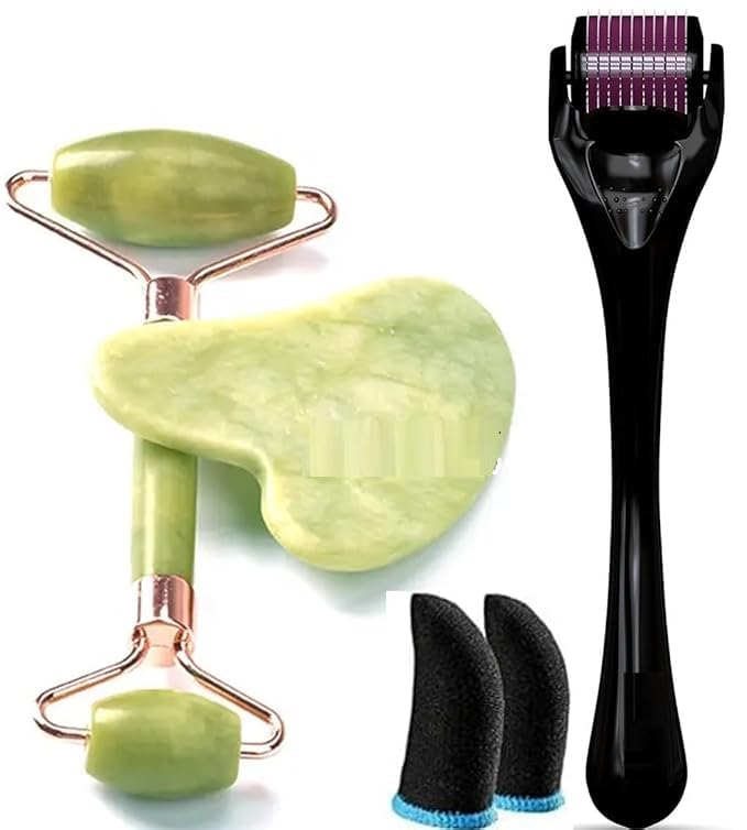 Image of Hair Massager Hair Scalp Massager Shampoo Brush+Hair Regrowth Roller with 540 Titanium Micro Needles+Face Stone Jade Roller With Gua Sha (Hair sclap+Hair Growth Roller+Jade Roller) (Hair Roller+Jade Roller+Sleeve)