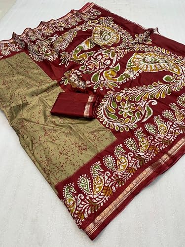 Image of Kashmiri Print Tussar Silk Saree for Women with Unstitched Blouse Piece for All Occasions