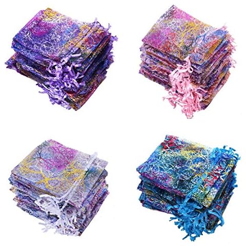 100PCS Mix Color Coral Pattern Organza Bags Bronzing DIY Crafts 9x12cm Drawstring Wedding Favor Bags Organza Gift Bags Wedding Jewelry Pouches for Wedding, Christmas, Birthday, Anniversary Baby Shower Cover