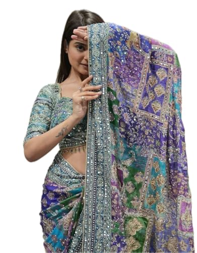 Image of Women's Blue Green Pink Multicolored Ajrak Digital Prined Real Mirror And Latkan Worked Saree With Blouse