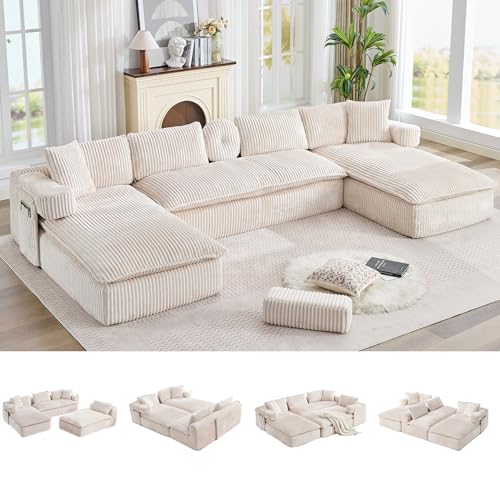 Image of Oversized Cloud Boneless Couch with Chaise, 149 inch Modern U Shape Modular Deep Seat Sectional Sofa, Comfy Corduroy Upholstered Couches for Living Room, No Assembly Required, Beige White