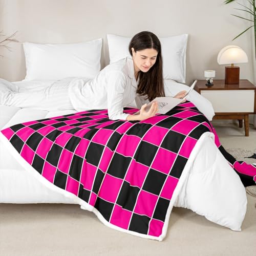 Image of Erosebridal Initial Letter F Sherpa Blanket Pink and White Checkered Fuzzy Plush Throw Cute Monogram Plaid Fleece Blanket for Kids Girls Women,Kawaii Gingham Grids Decor for Bed Couch 40 inchx50 inch