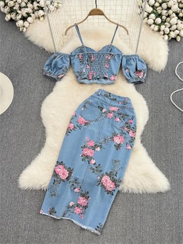 Women Print Short Sleeves Tops and High Waist Skirts Streetwear Denim 2 Piece Set2