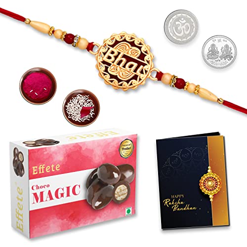 Image of DeoDap Multicolor Bhai Coded Rakhi Bracelet Magic with Choco Magic 32gm, Silver Pooja Coin, Tilak Set, Greeting Card - Rakhi Gift for Brother