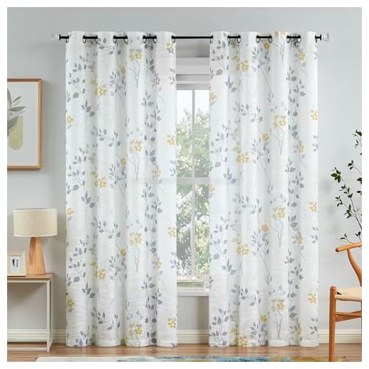 Beauoop Floral Linen Semi Sheer Curtains