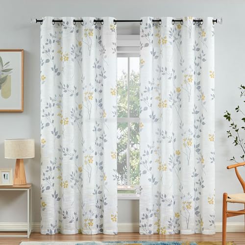 Image of Beauoop Floral Linen Semi Sheer Curtains Living Room Yellow Grey 50x96x2