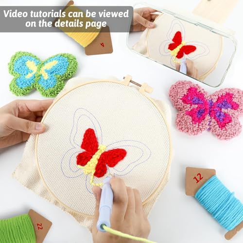 Image of Punch Needle Kit for Beginners 6 Patterns Butterfly Designs Embroidery Punch Needle Coaster Kit for Mom with Adhesive Felt Yarns Embroidery Hoop Instruction Idea Punching Art Kits for Mother's Day