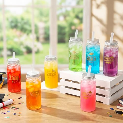 Yiyiring 24 Pcs Graduation Gifts 13.5 oz Class of 2026 Plastic Cups with Lid and Straws Bulk Senior Mason Jars Bottles Reusable Tumblers for College Congrats Graduate Party Supplies (Gold) by Yiyiring - Used condition - Image 5