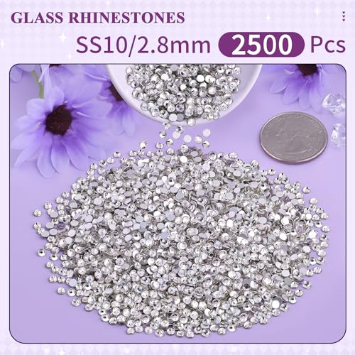 Image of 2500PCS SS10 /2.8mm Crystal Glass Rhinestones for Bedazzling (Clear) | Flatback Clear Rhinestones for Crafting DIY Crafts Nail Makeup Decoration, Gems Diamond Charms for Tumbler Shoes Clothing Mug