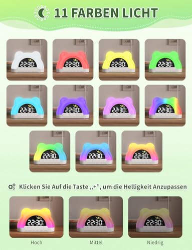 VOSFEEL Kinderwecker,Wecker Kindermit 11 RGB Lichtern,Schlaftrainer Für Kinder Soundmaschine Dual Wecker Schlummerfunktion 12/24H Zeitanzeige Für Jungen und Mädchen