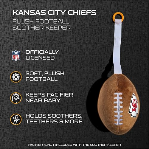 Image of Kansas City Chiefs Plush Football Pacifier Holder by Smilo - Officially Licensed NFL Soother Holder - Soft Plush Toy and Dummy Holder - Fits Any Pacifier - Stroller Accessory & Newborn Essential