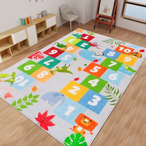 DINSUMRUG Animals and Dinosaurs hopscotch Rug,78.7X59 INCH hopscotch Kids Rugs for playroom,hop Scotch Inside Rug for Kids,Soft hopscotch mat Kids Room Rug for Bedroom Playroom Nursery,Grey