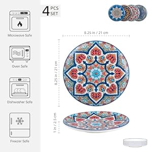UNICASA Ceramic Dessert Plates 8.25 Inch, Colorful Salad Serving Dishes Microwave & Dishwasher Safe, Set of 4 - Mandala Style UNICASA Ceramic Dessert Plates 825 Inch Colorful Salad Serving Dishes Microwave Dishwasher Safe Set of 4 Mandala Style