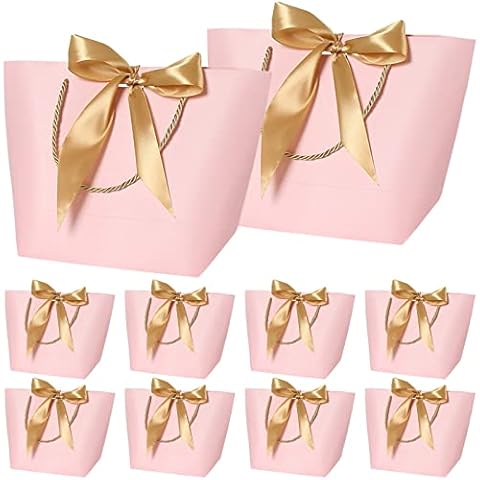 8Pcs Gift Bags, Gift Bags with Ribbon, Gift Bags with Handles, Paper Gift Bags for Parties, Weddings, Celebrations, Birthday, Graduation, Packaging, Pink Cover