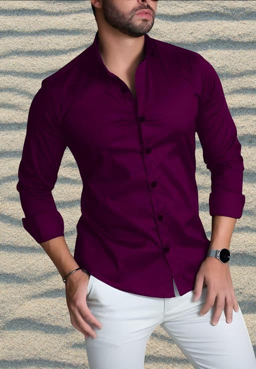 Men's Slim Fit Casual Shirt, Wine Purple, Full Sleeves, Solid Colour, Spread Collar-image-14