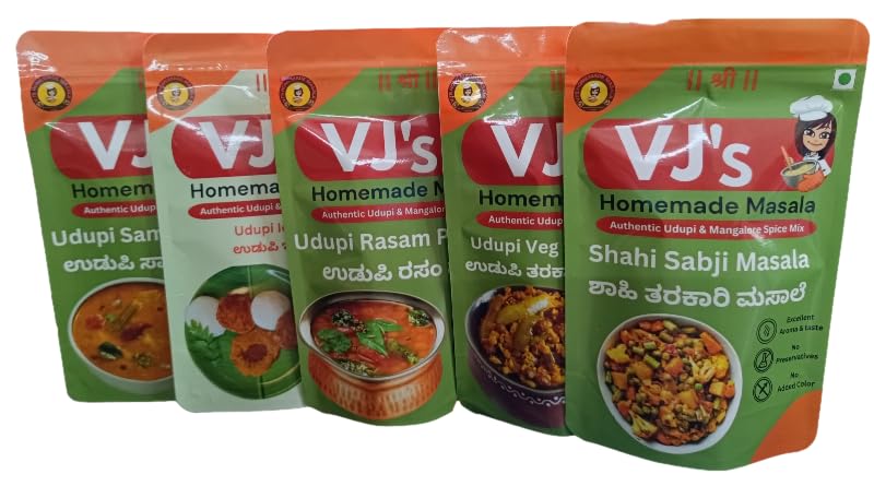 VJS Homemade Udupi Sambar Masala Powder + Udupi Rasam Masala Powder + Udupi Idli Podi + Veg Sukka Masala Powder + Shahi Sabji Masala Powder | 1000 grams (Pack of 5, Each 200gm), Zip Lock Pack