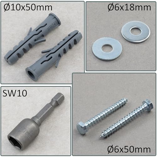 Miniatura 4 de Aerzetix - Kit De 25 Tacos De Nylon Con Reborde Ø10x50 Mm Para Materiales Macizos 25 Tornillos Tirafondos Ø6x50 Mm 25 Arandelas Anchas Para Tornillo M6 1 Vaso Hexagonal 1 4 Sw10