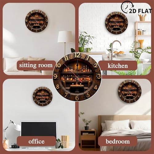 SEMARY Vintage Bar Clock with Whiskey Bottles Display 10-Inch Wooden Wall Clock, Silent Movement, Artistic Home Decor