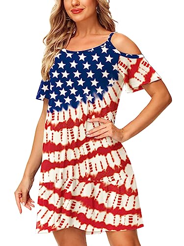Image of Deerose Womens 4th of July Dresses Cold Shoulder American Flag Tie Dye A-Line Dress with Pockets