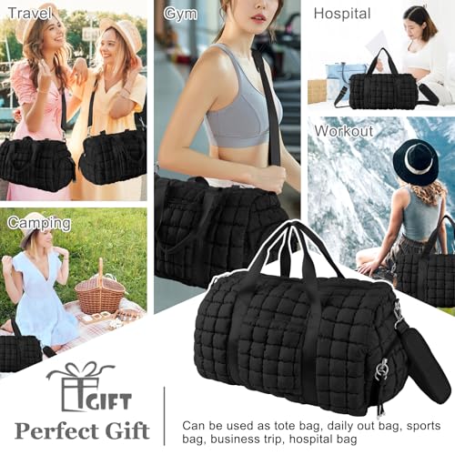 Image of Quilted Travel Duffle Bag Gym Bag for Women,Large Puffer Duffle Weekender Bag with Compartment,Workout Overnight Carry on Organizer Bag Duffle Bag for Airplane Travel(L-Black)